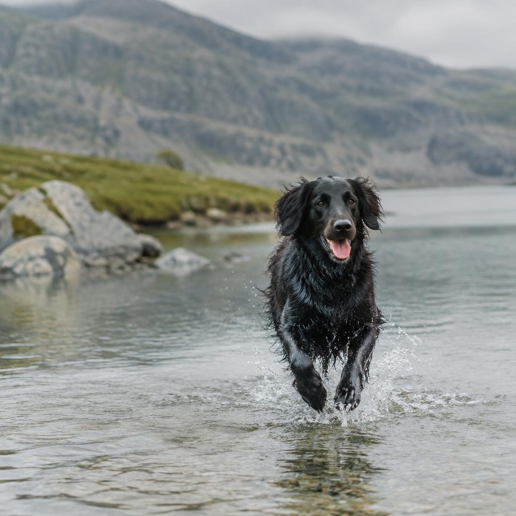 A Flat-Coated Retriever running through shallow water