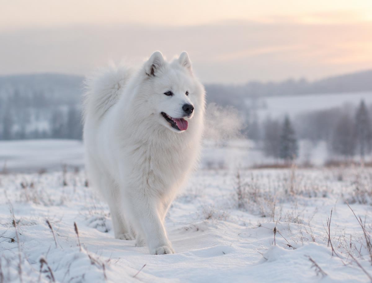 A Samoyed running energetically in an open field