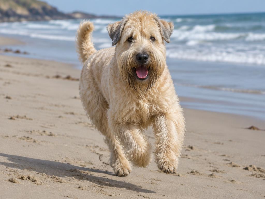 A Wheaten Terrier bounding along a sandy beach