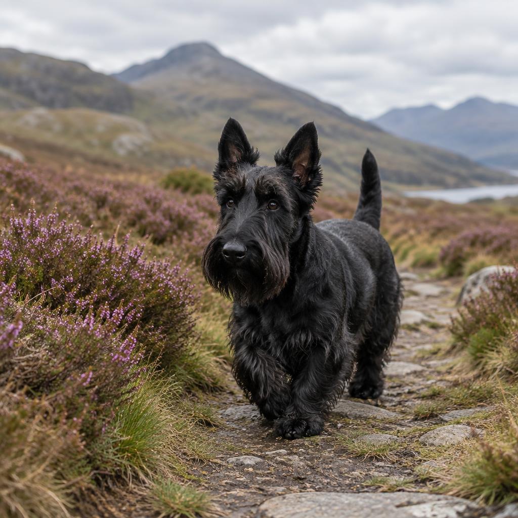 A Scottish Terrier walking through a park