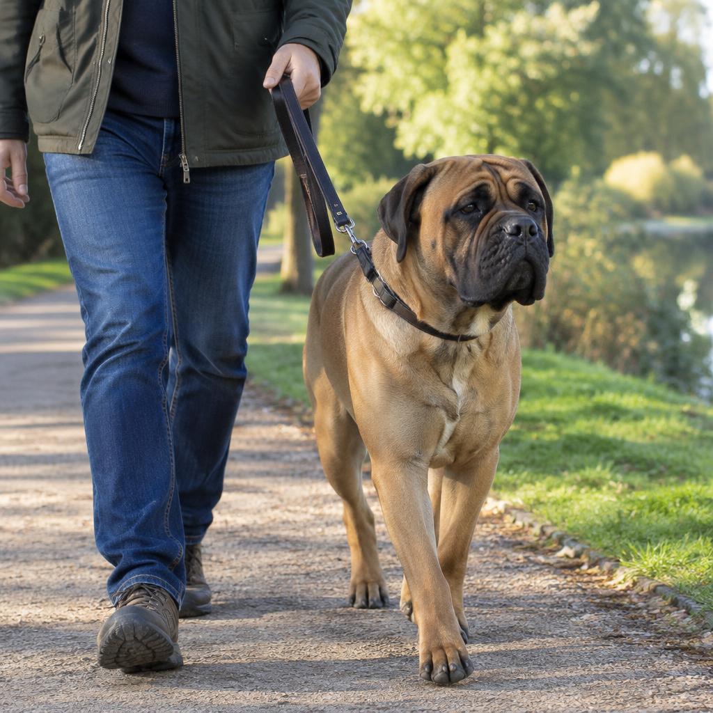 A Bullmastiff walking outdoors on a lead