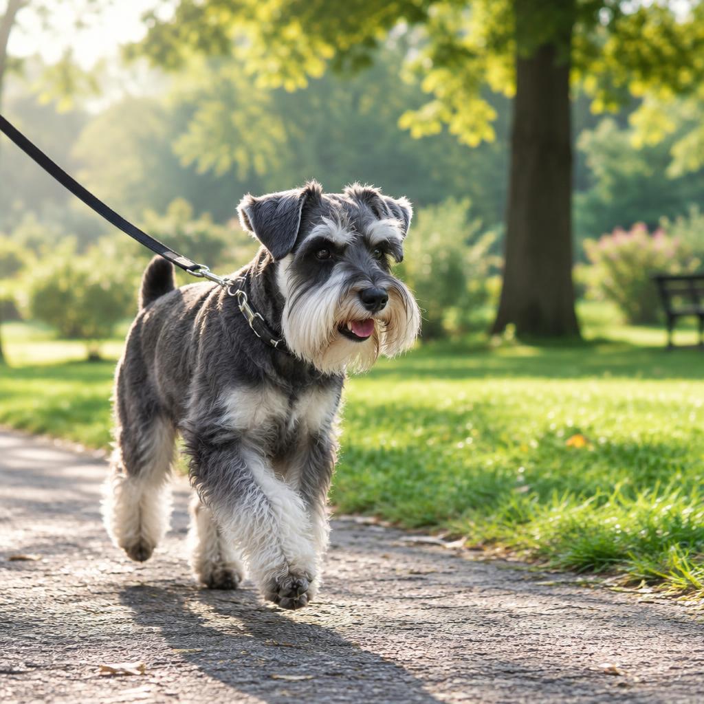 A Miniature Schnauzer trotting on a lead through a park