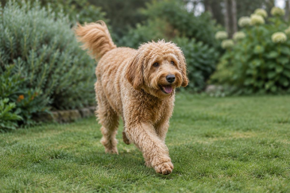 A Goldendoodle running outdoors in a field