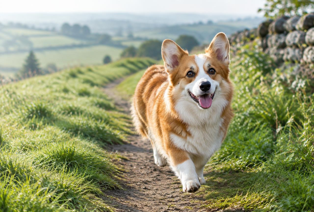 A Corgi walking on a lead in a park