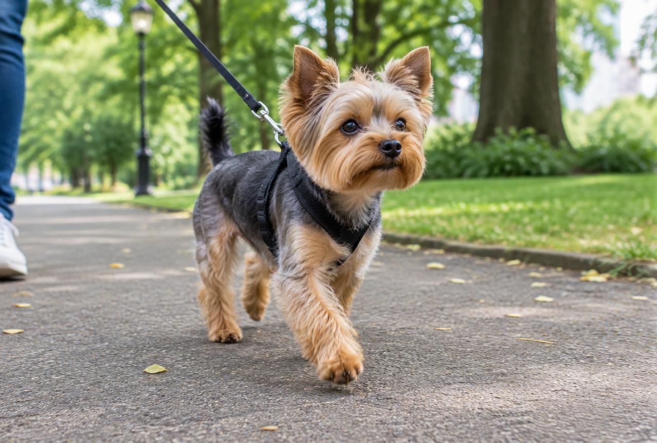A Yorkshire Terrier walking on a lead in a city park