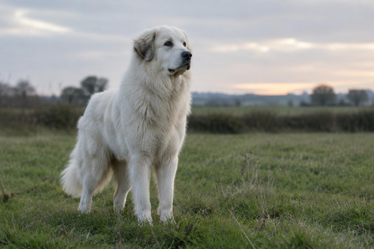 A Great Pyrenees walking calmly on a lead outdoors