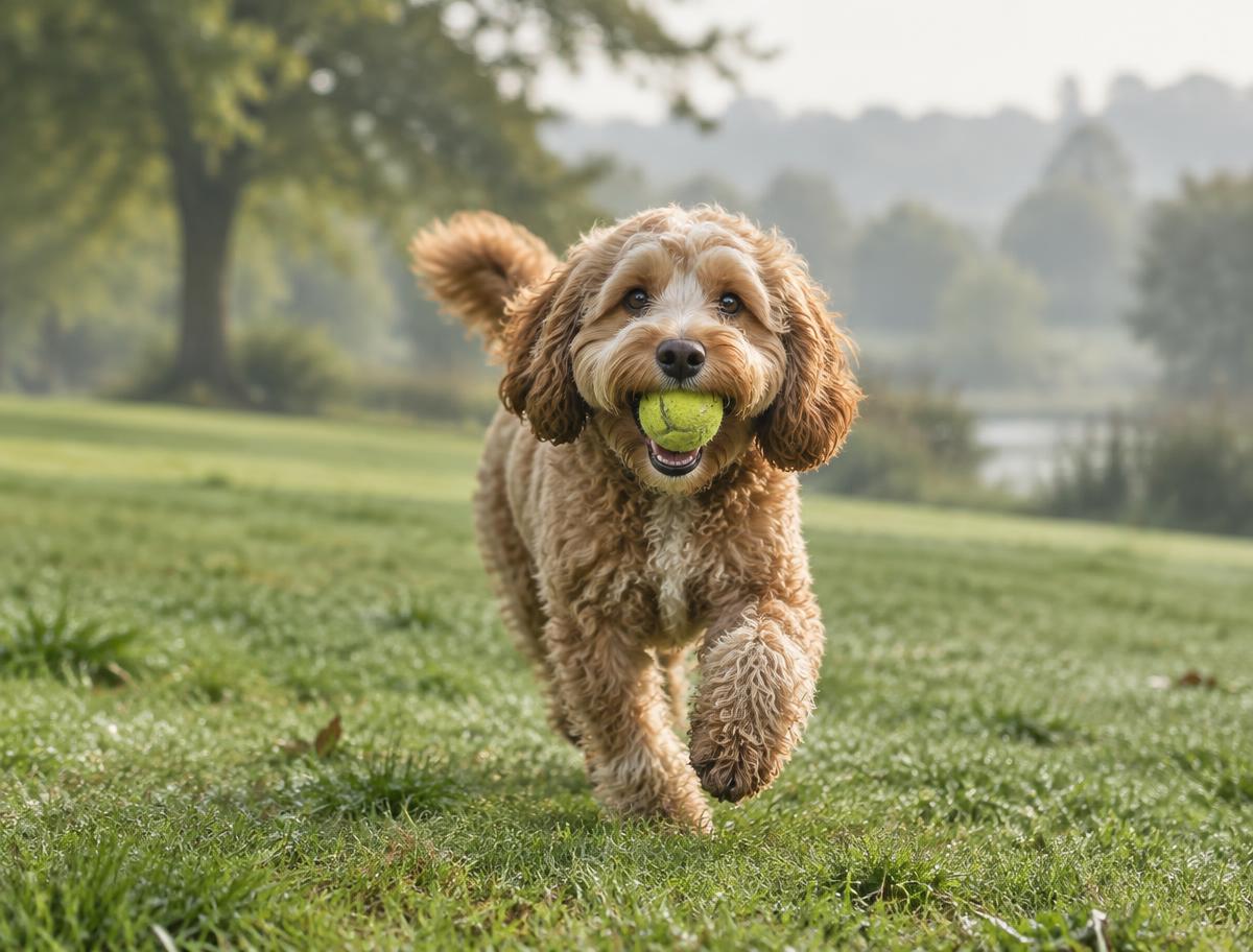 A Cockapoo running in a park