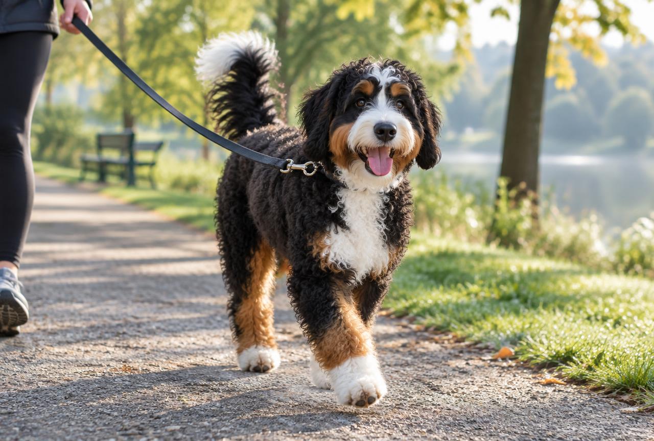 A Bernedoodle walking on a lead outdoors
