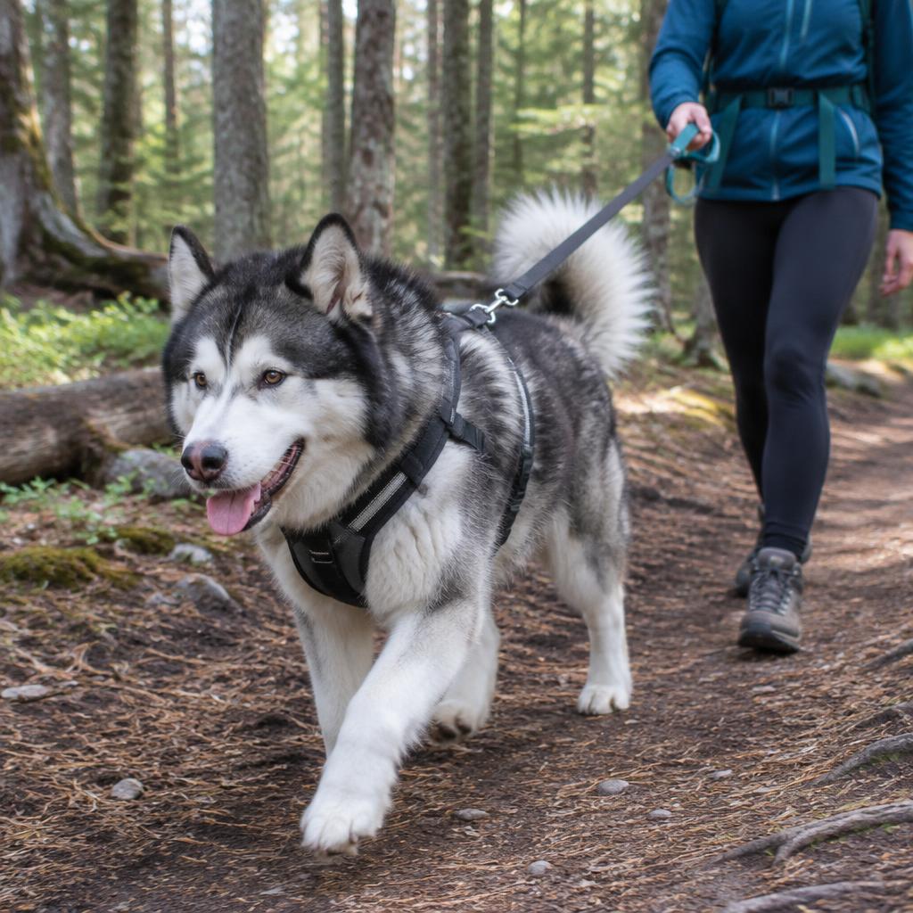 An Alaskan Malamute pulling on a harness outdoors