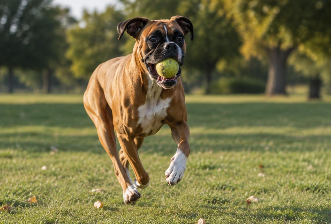 A Boxer jumping for a ball in a park