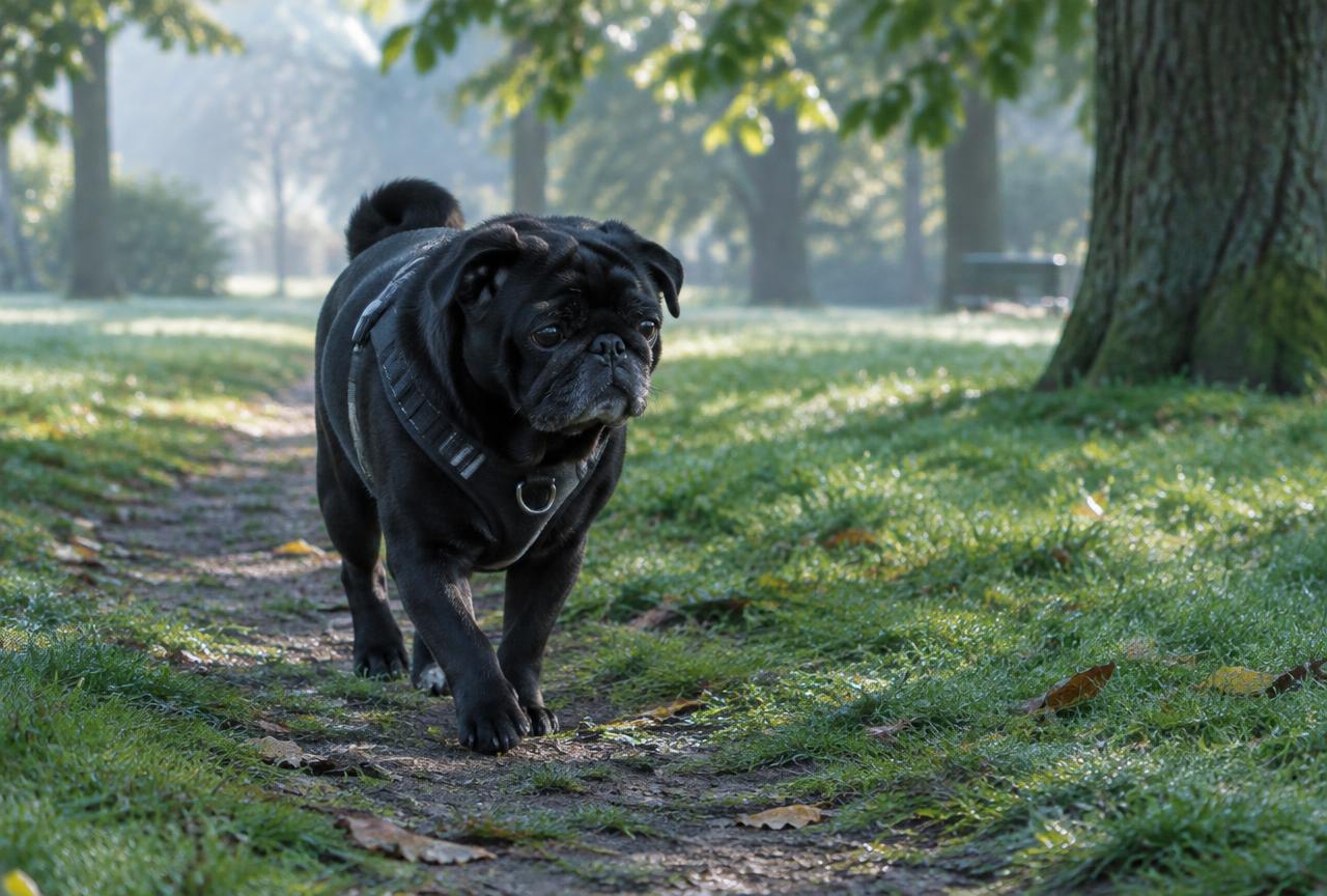 A Pug walking on a lead in cool morning light