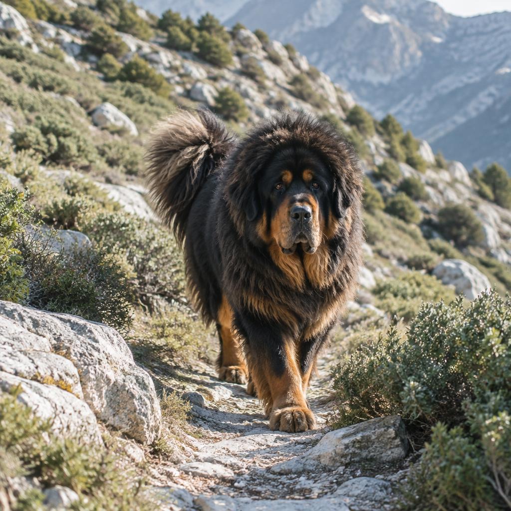 A Tibetan Mastiff patrolling a garden with a high wooden fence