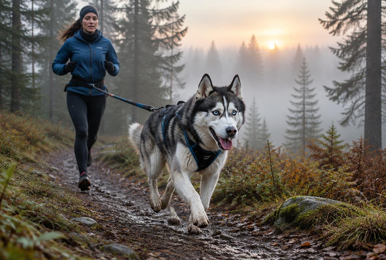 A Siberian Husky running on a long line in open countryside