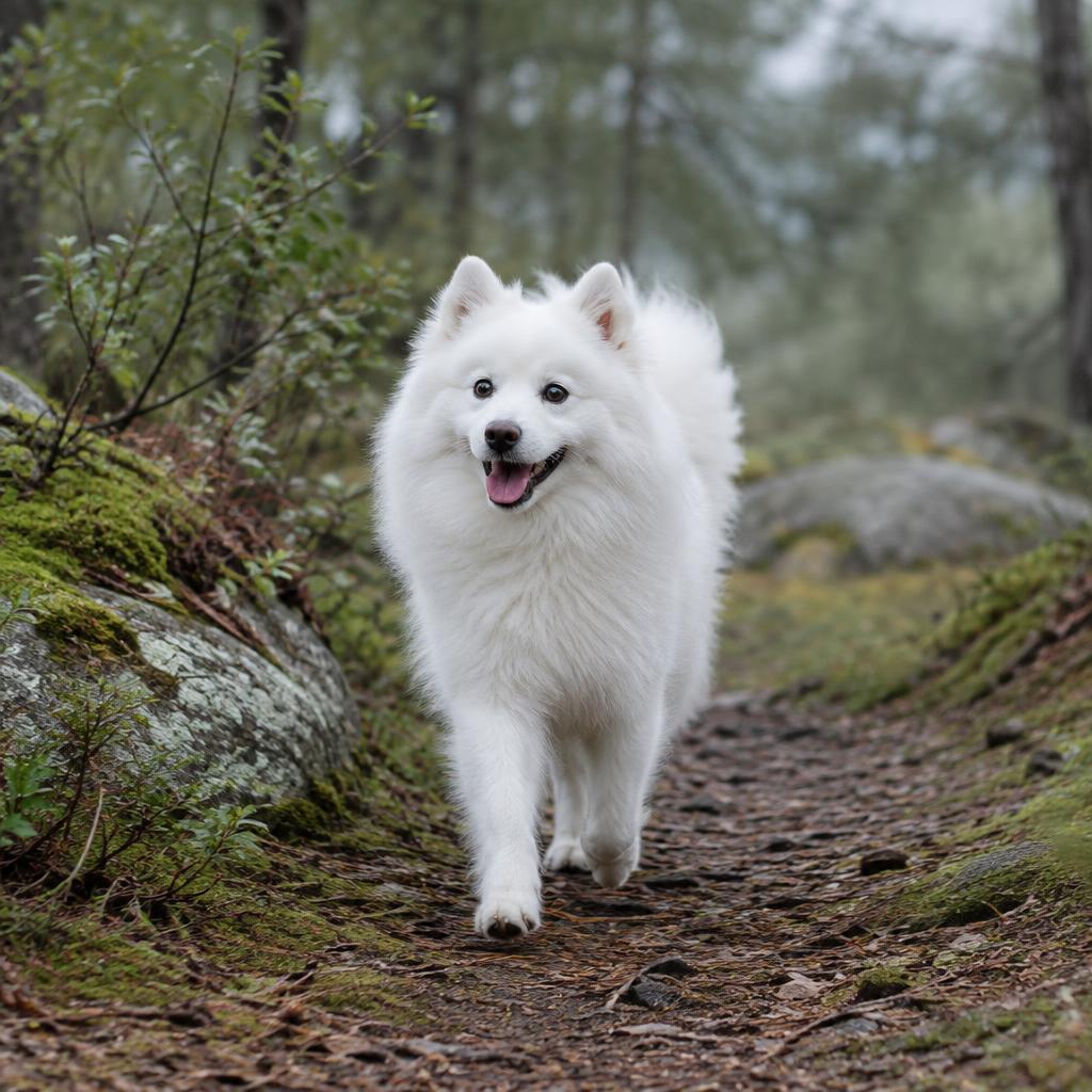 An American Eskimo Dog trotting along a forest path