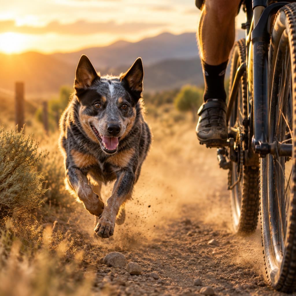 An Australian Cattle Dog running along a country trail with its owner on a bike