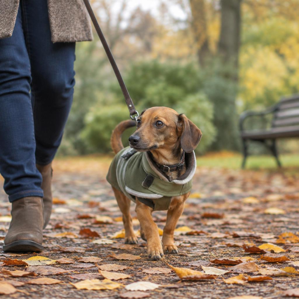 A Chiweenie in a coat walking on a lead through autumn leaves