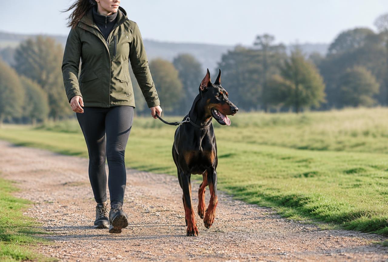 A Dobermann running off lead in an open field