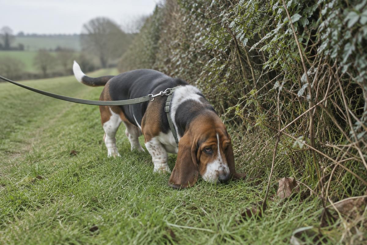 A Basset Hound following a scent trail on a lead