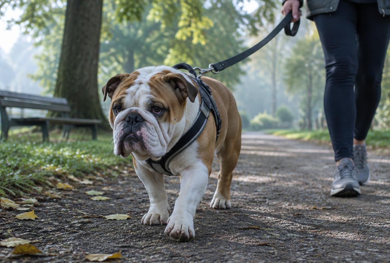 A Bulldog walking slowly in a shaded, cool outdoor area