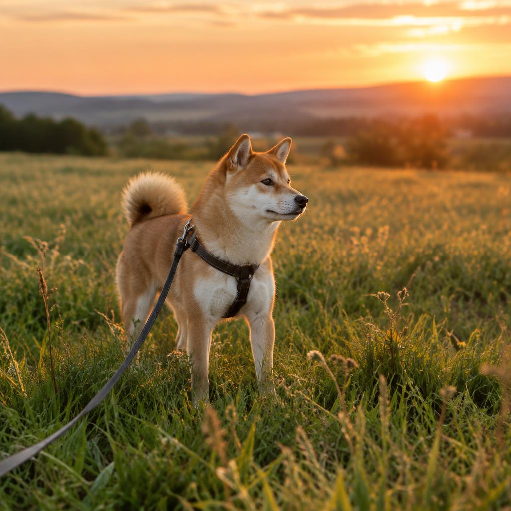 A Shiba Inu on a lead exploring a securely fenced garden