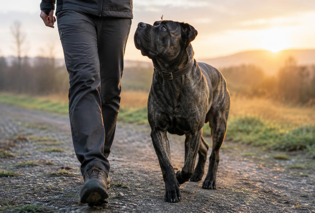 A Cane Corso working through an obedience exercise outdoors