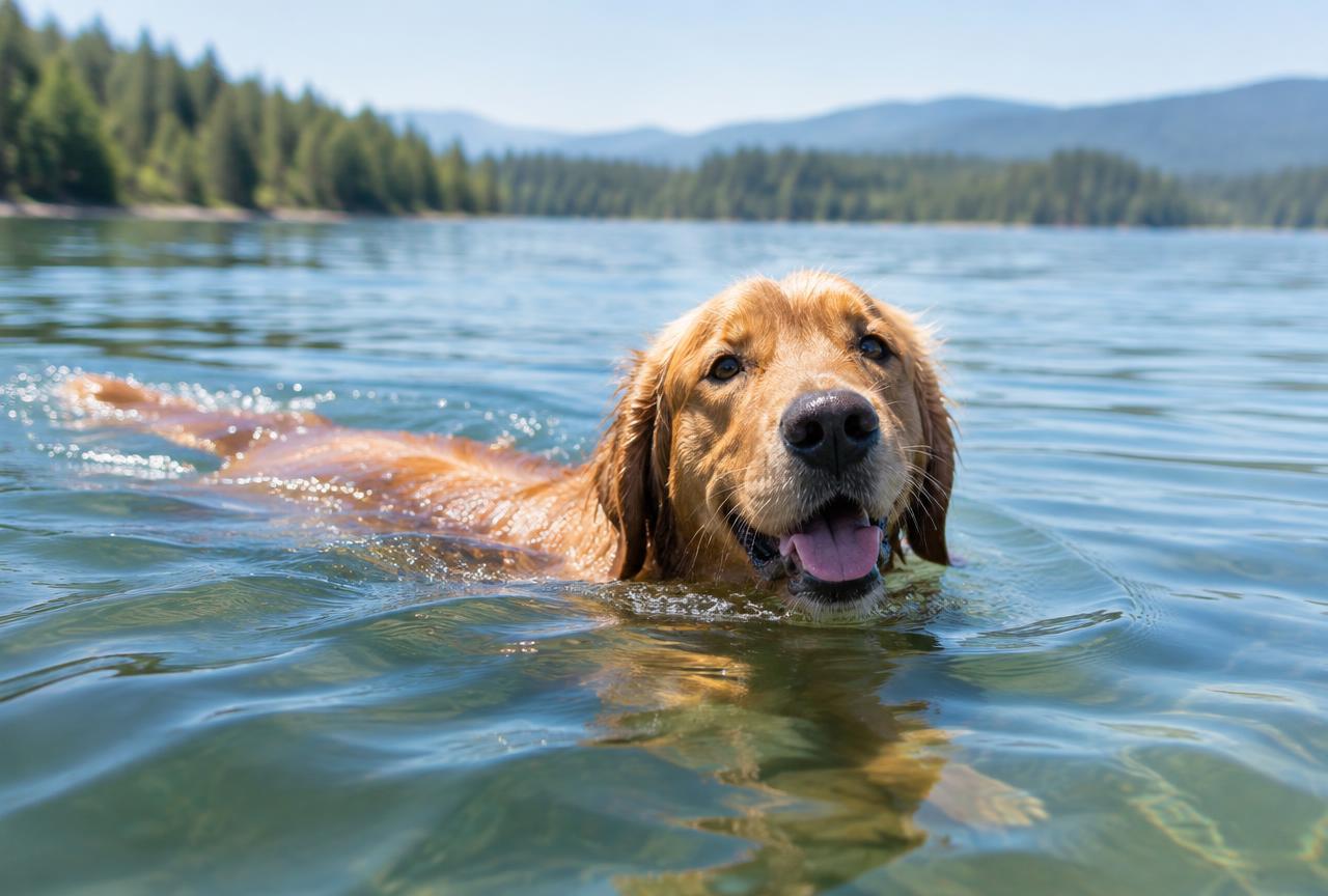 A Golden Retriever swimming in a lake to fetch a toy.