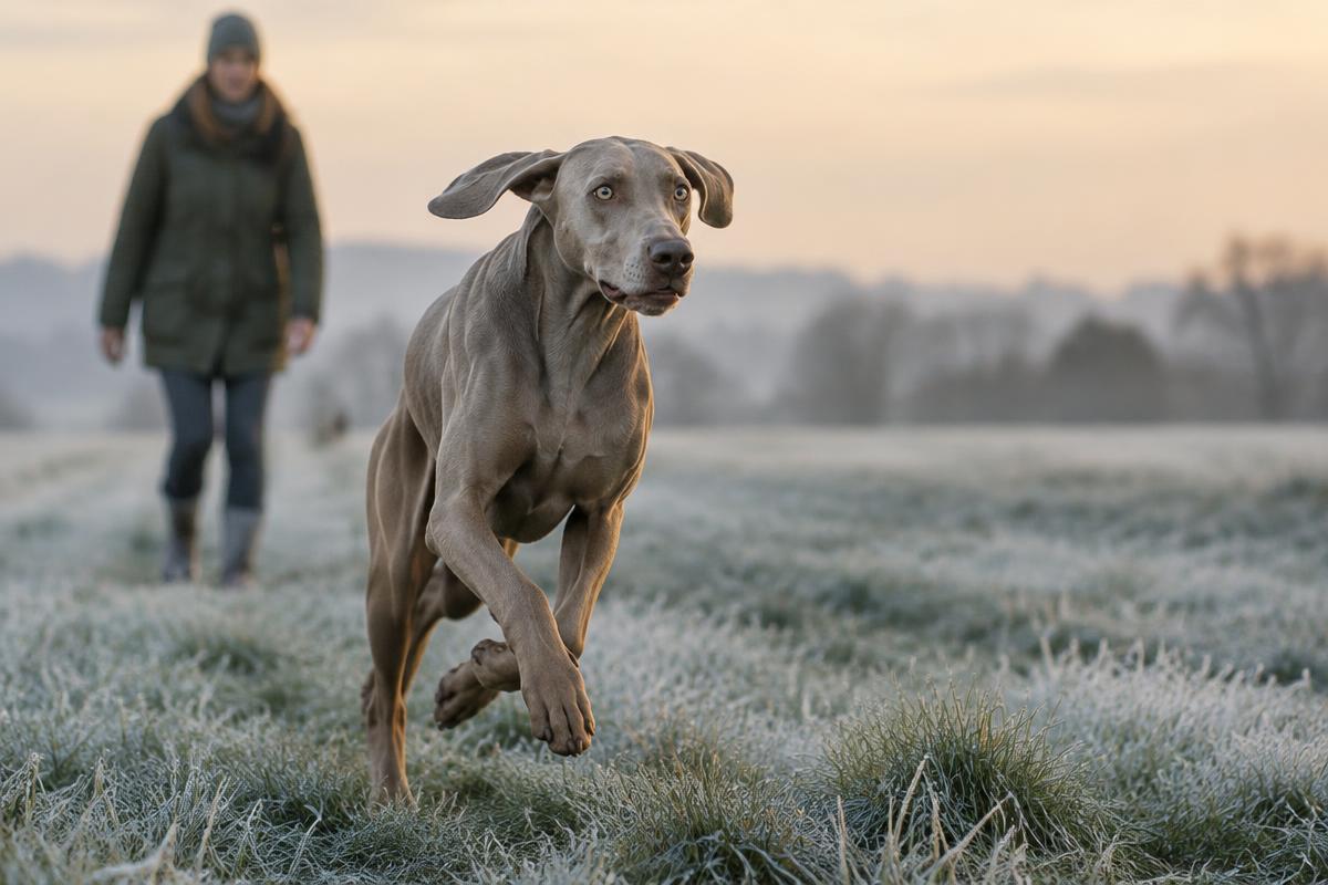 A Weimaraner running at full stride across an open field