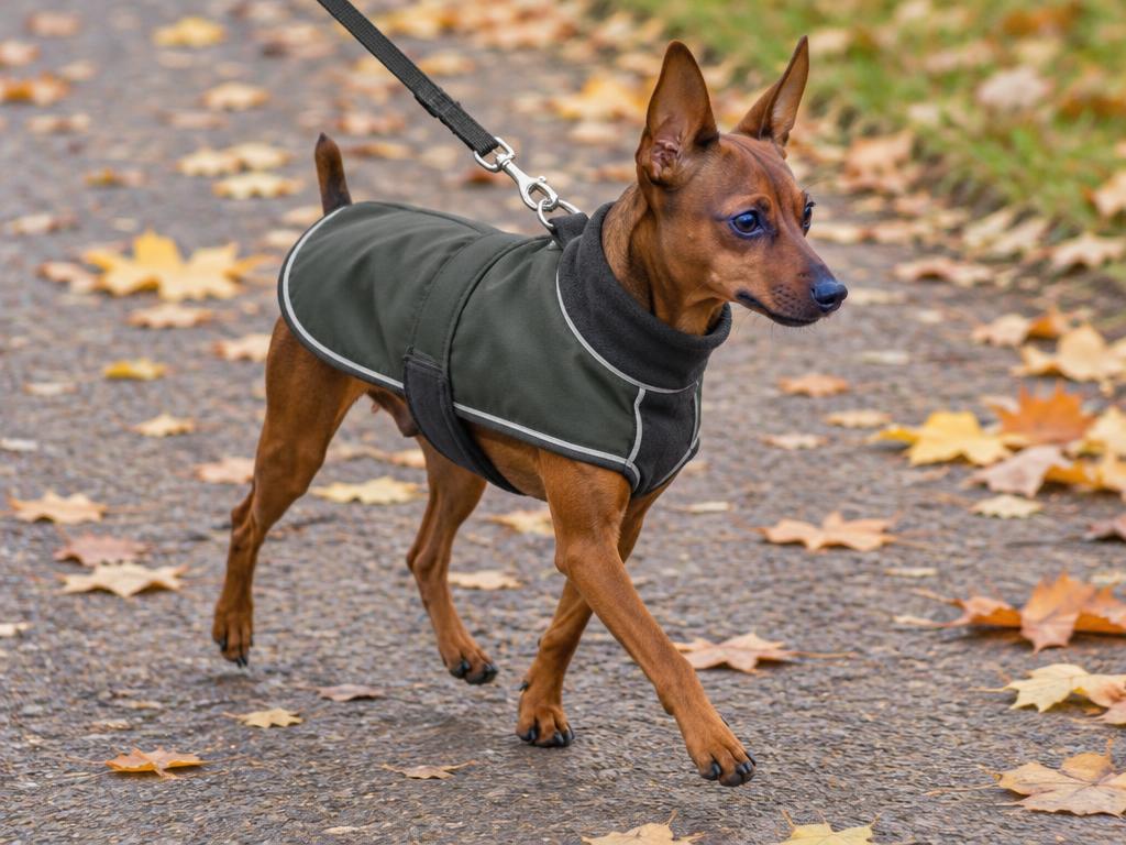 A Miniature Pinscher in a dog coat trotting on a lead on an autumn pavement