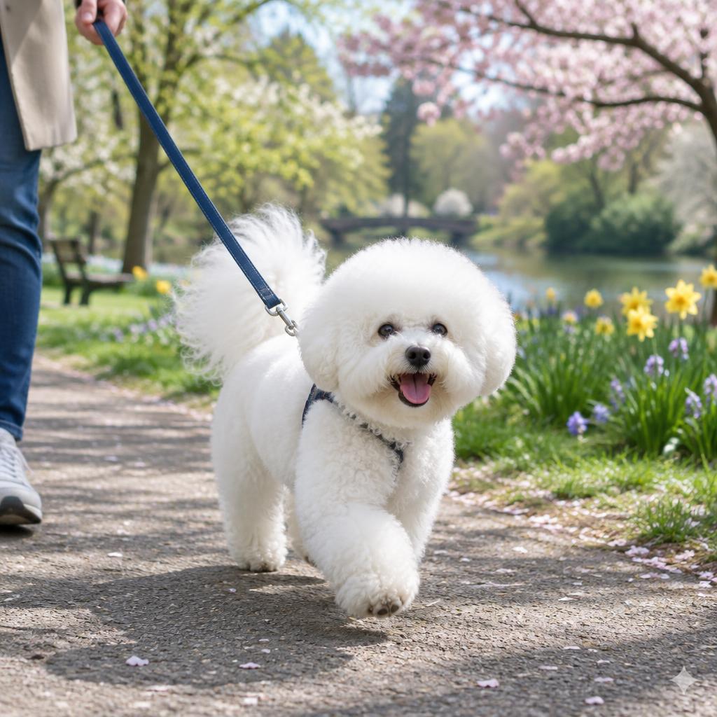 A Bichon Frise walking on a lead in a park