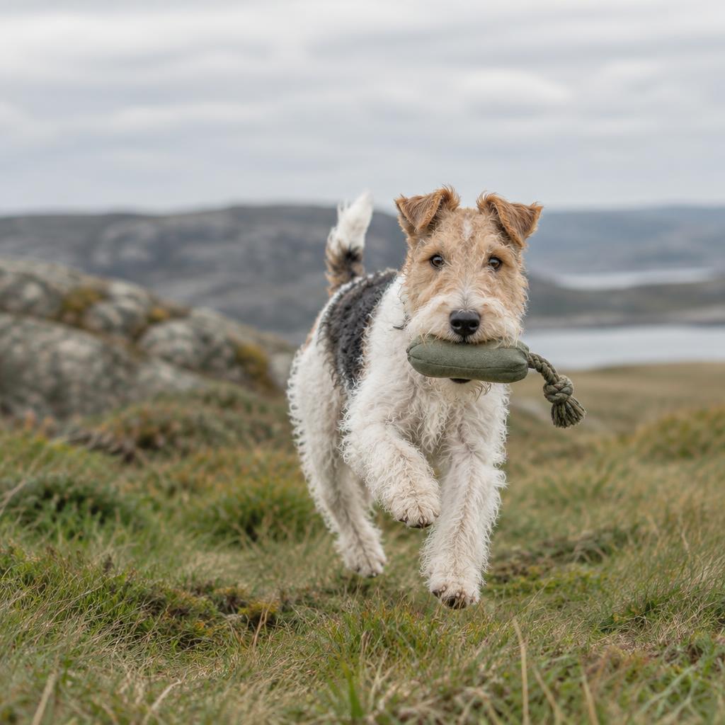 A Wire Fox Terrier running across a field with a toy