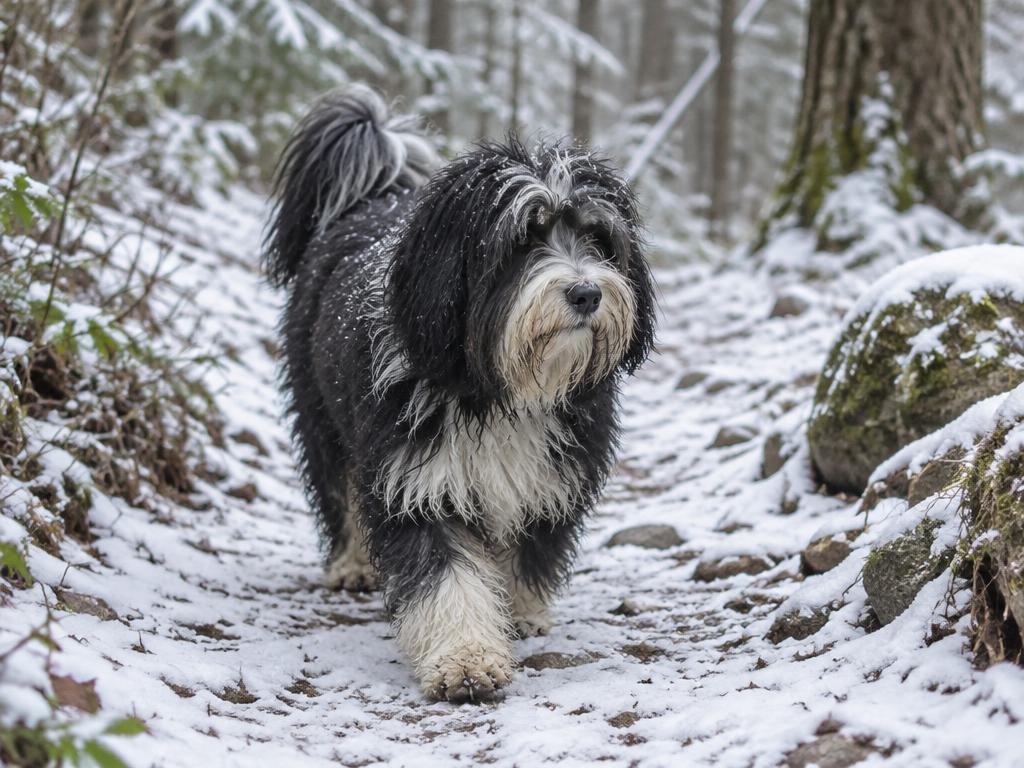 A Tibetan Terrier walking on a snowy woodland trail
