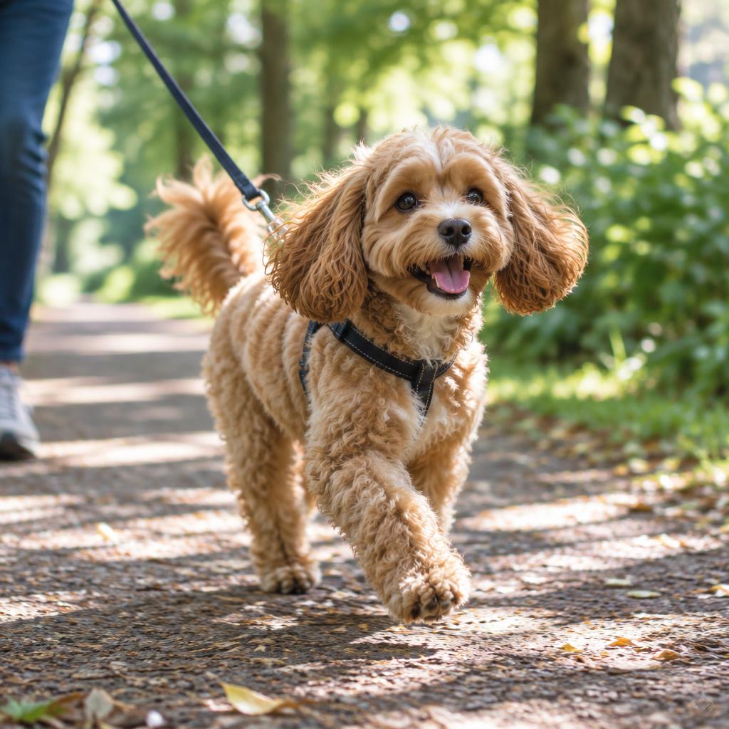 A Cavapoo trotting along a park path on a lead
