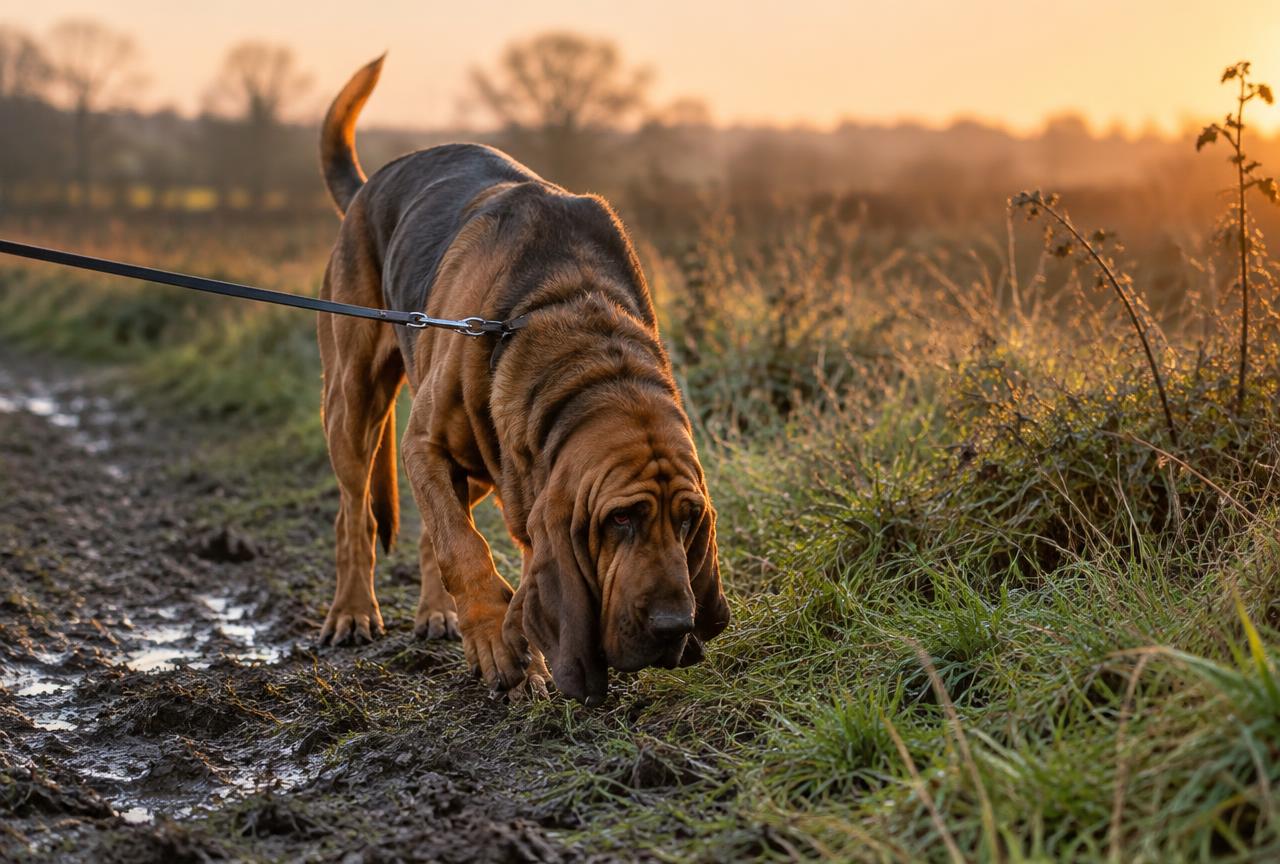 A Bloodhound on a long training lead following a scent trail outdoors.