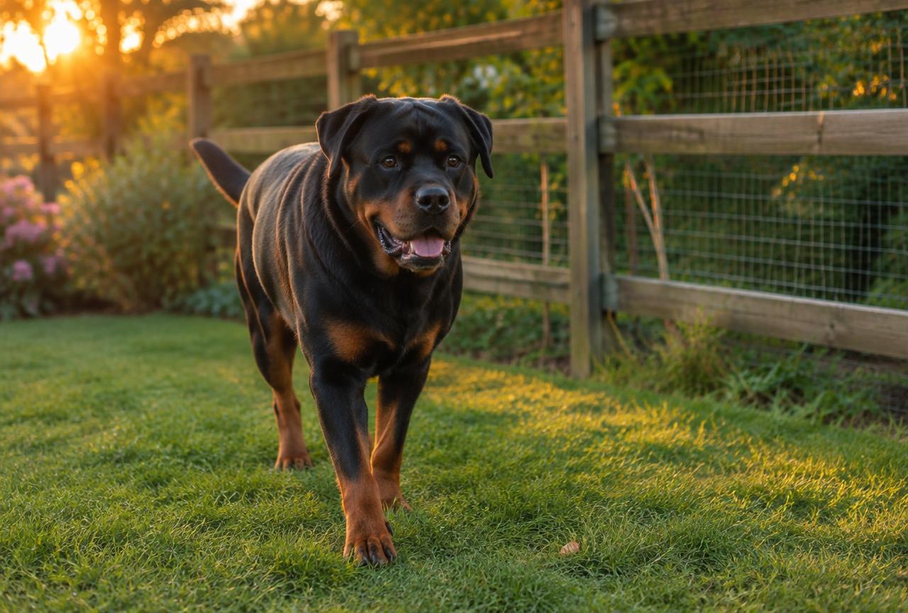 A Rottweiler walking in a fenced garden