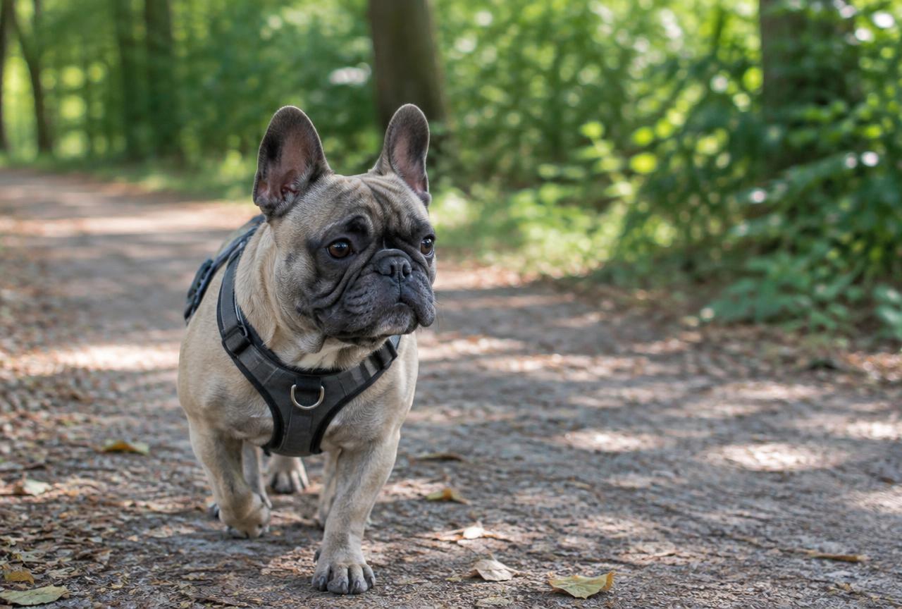 A French Bulldog walking on a lead in a shaded park