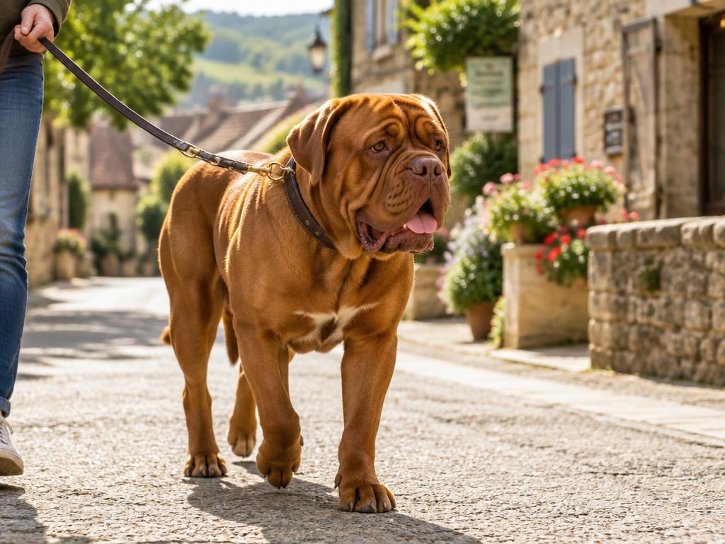 A Dogue de Bordeaux walking through a sunny village street on a lead.