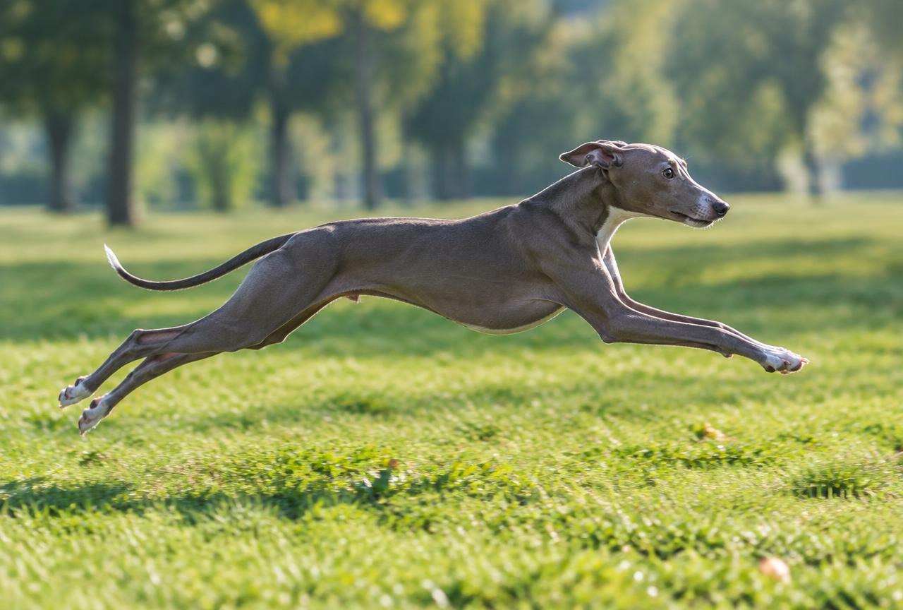 An Italian Greyhound sprinting at full stretch in a park