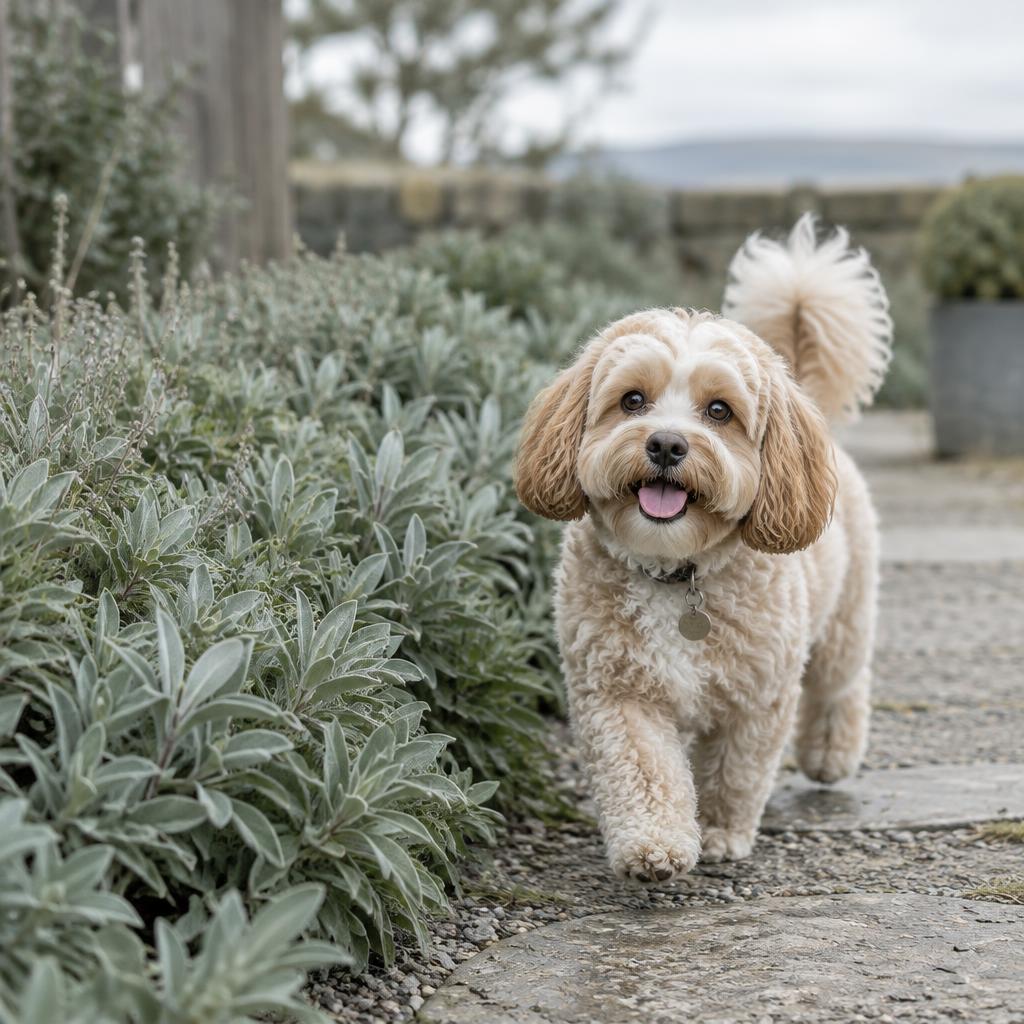 A Cavachon trotting along a park path