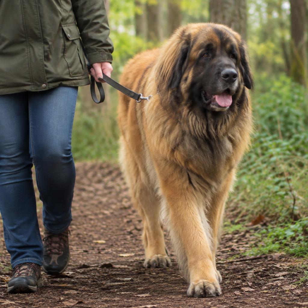 A large Leonberger walking on a lead in a shaded park during cooler weather.