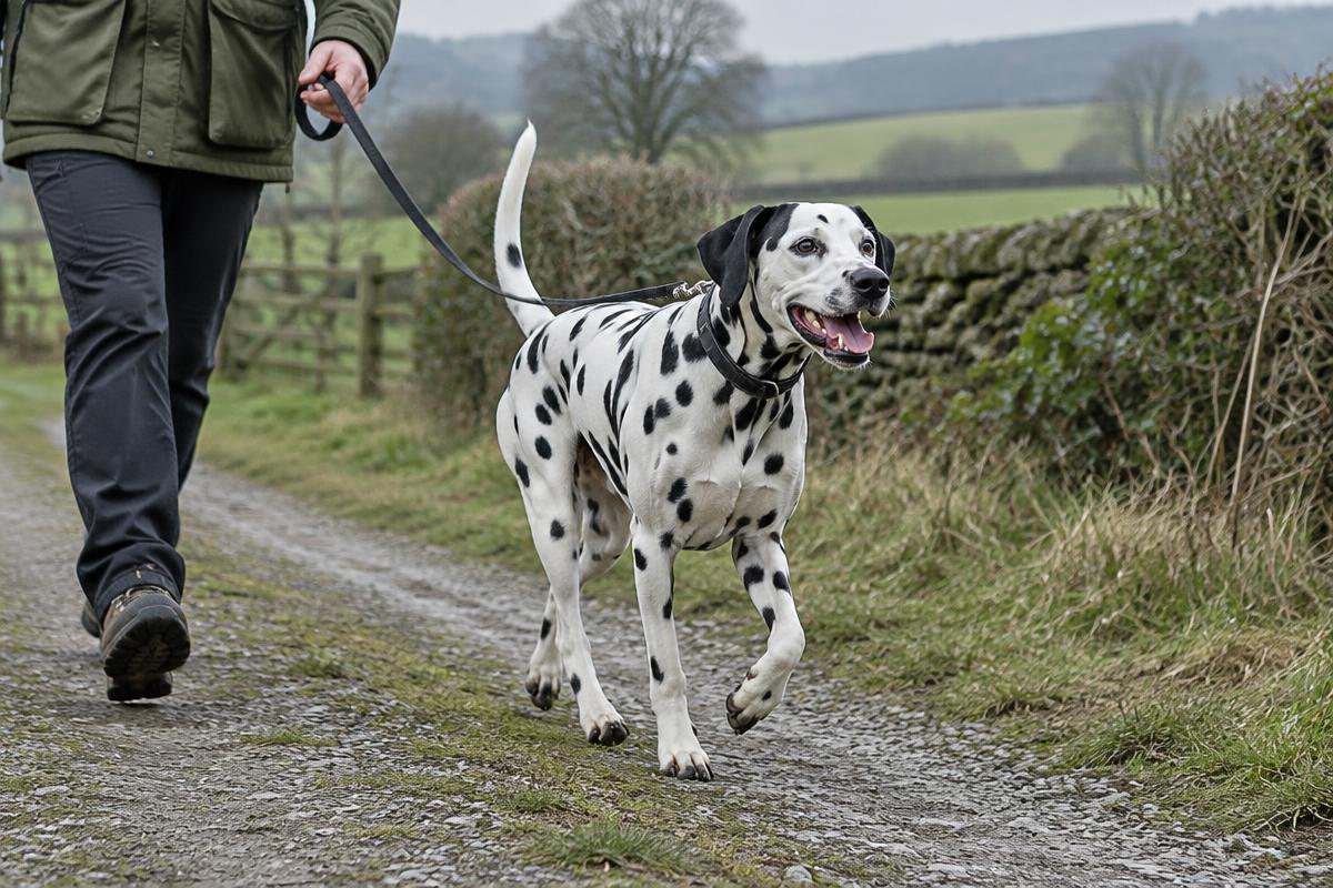 A Dalmatian running alongside a cyclist on a country path