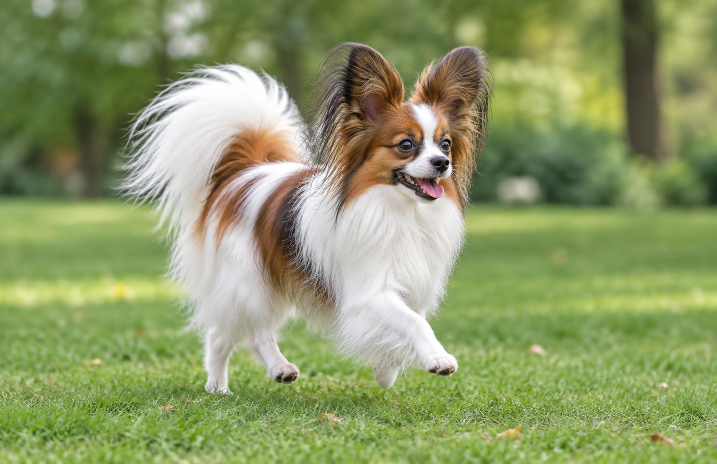A Papillon running across a park lawn with its tail plume up