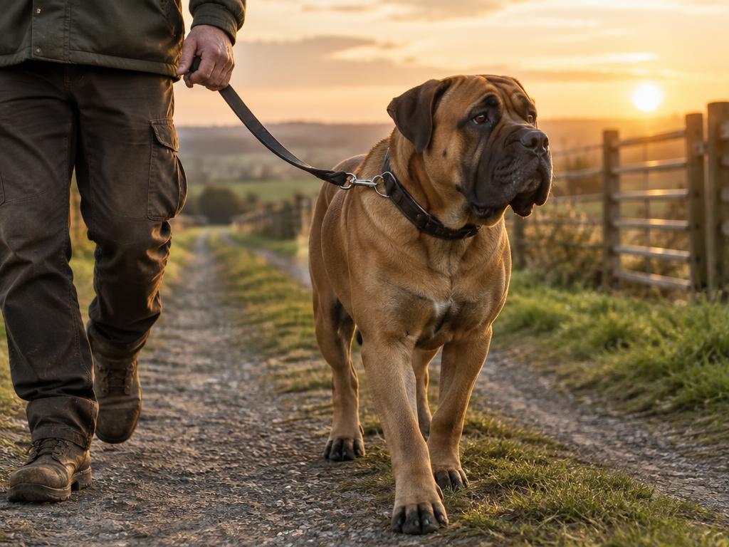 A Boerboel walking on a lead beside its owner on a farm track.