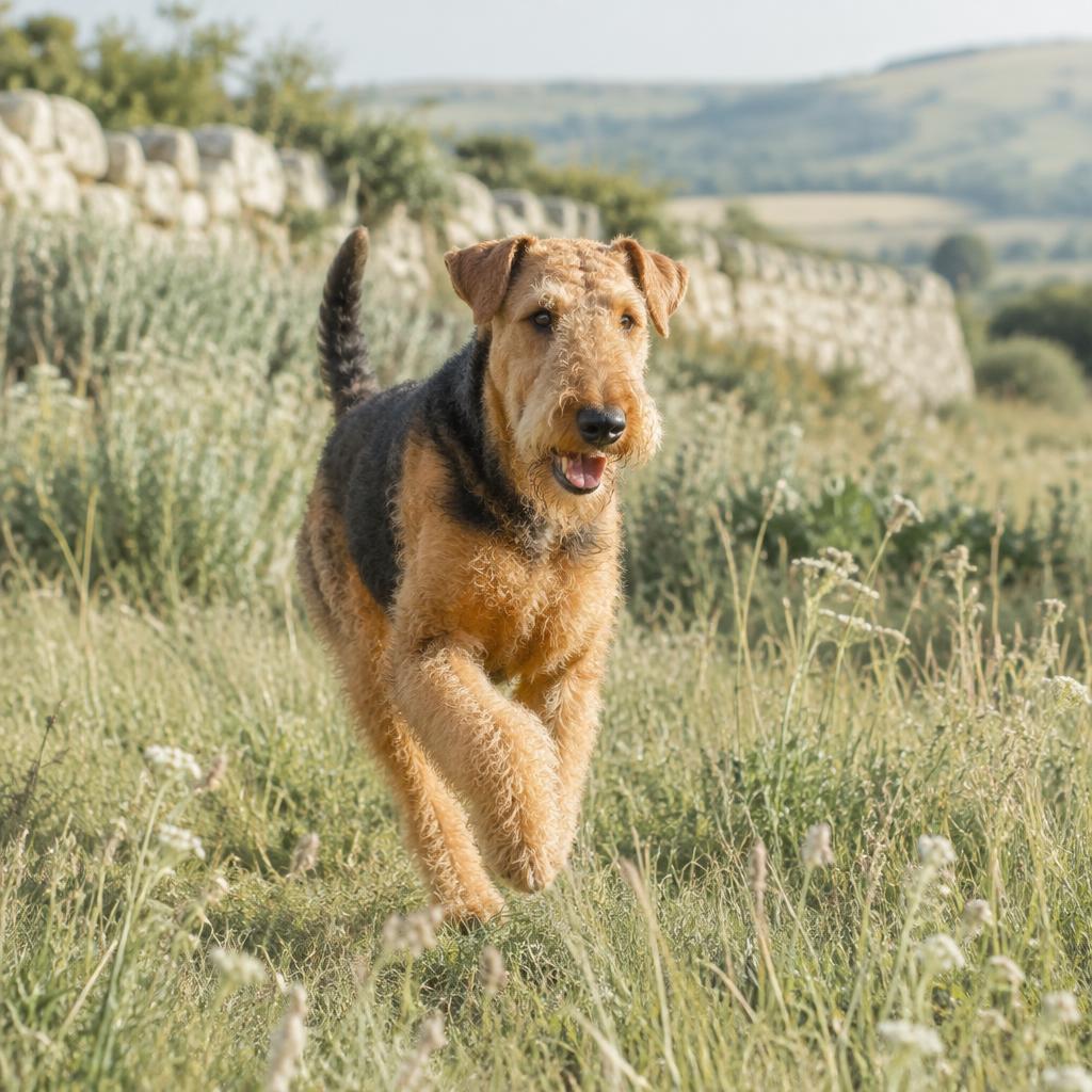 An Airedale Terrier leaping over a log in a forest