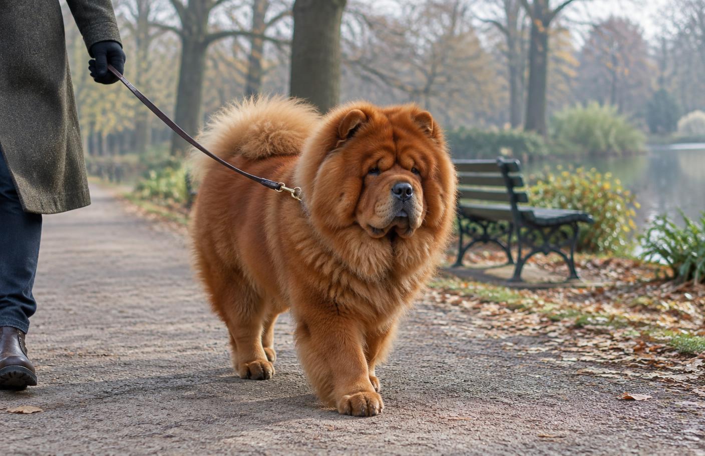 A Chow Chow walking on a lead through a park in cool weather