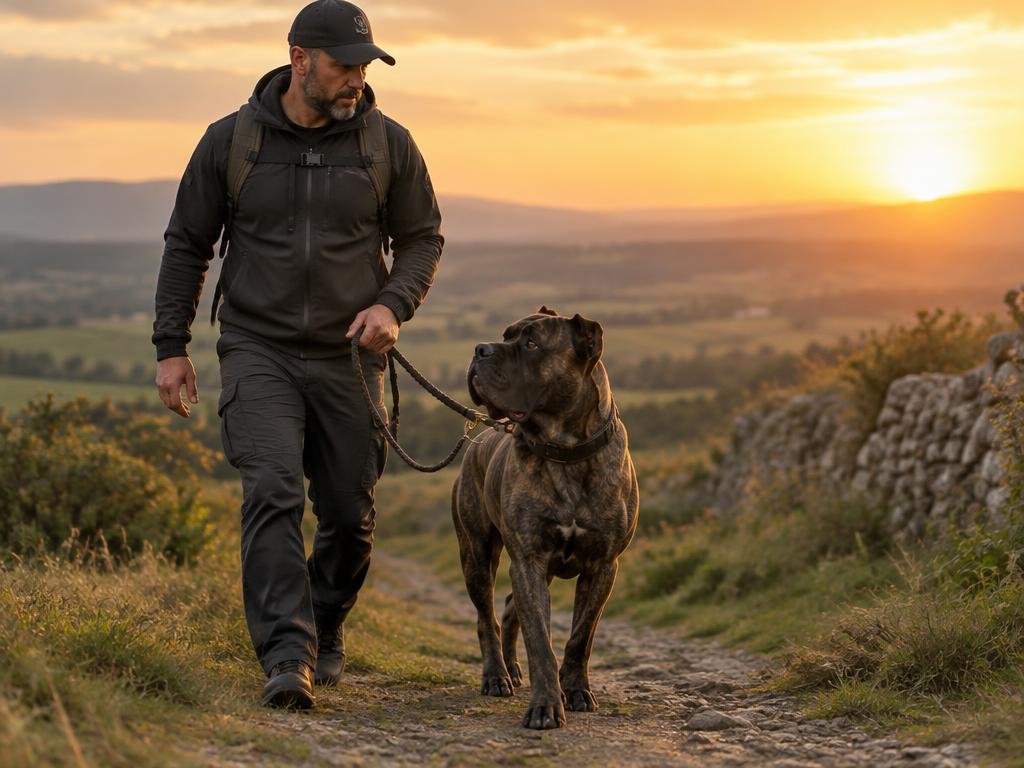A Presa Canario on a structured training walk with its owner in open countryside.