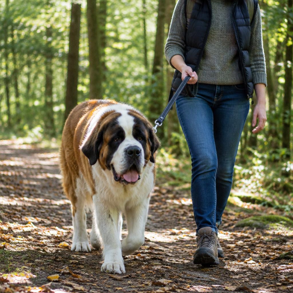 A Saint Bernard walking outdoors in cool weather