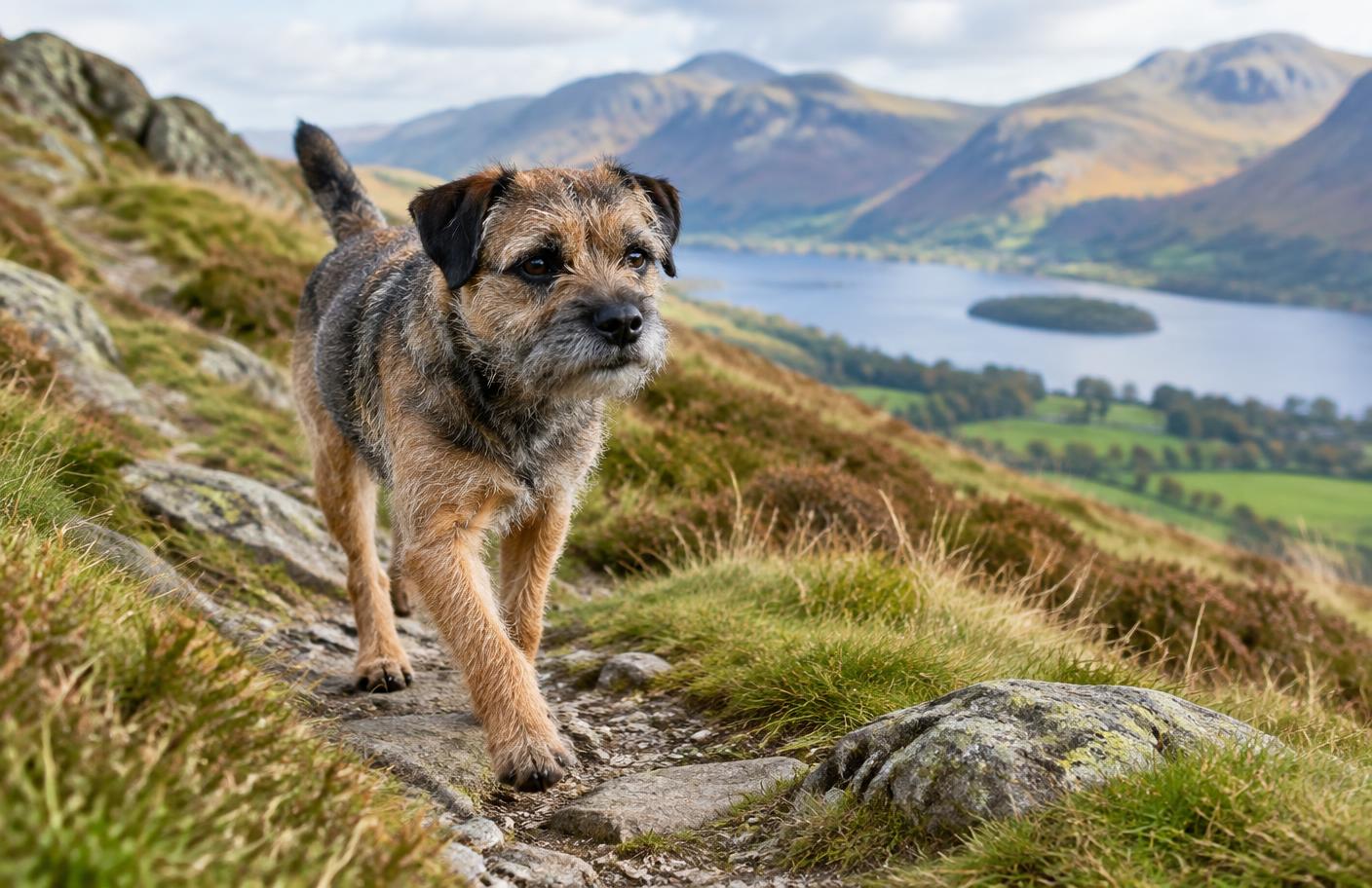 A Border Terrier trotting along a fell-side trail
