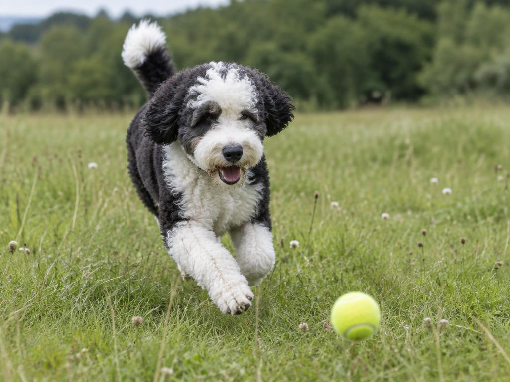 A Sheepadoodle running through a meadow after a tennis ball