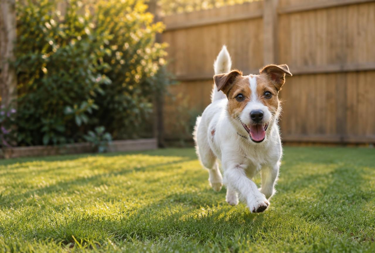 A Jack Russell Terrier running in a fenced garden