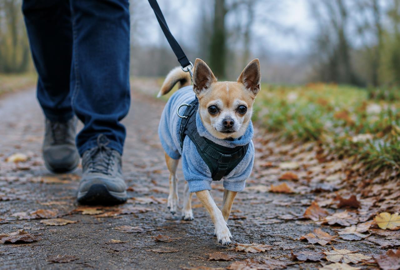 A Chihuahua wearing a small coat on a cool day walk
